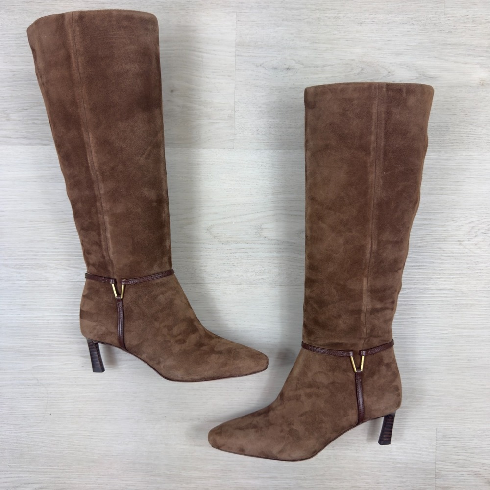 Veronica Beard Kenzie Mid Heel Tall Boot Womens 5‎ Cedar Brown Suede Leather NEW